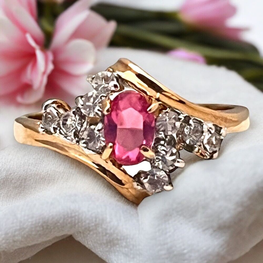 Vintage 1970s Ring Size 5 Pink Crystal CZ Cluster Prong Set Gold Plated - 14L